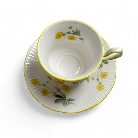 Vintage Teacup Saucer Queens Rosina Fine Bone China Ribbed Footed Yellow Flowers - Picture 2 of 11